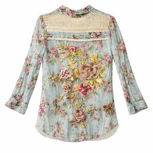 Aratta Women Floral Embroidered Button Down Shirt Rayon Boho Cottagecore XL